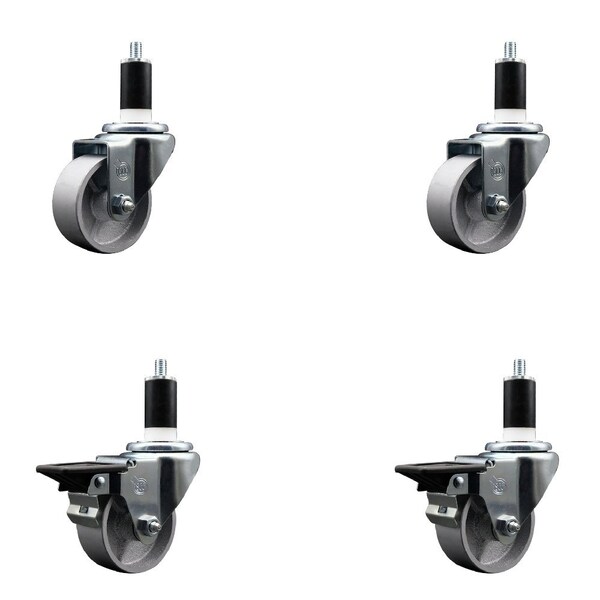 3'' Semi Steel Wheel Swivel 1-3/8'' Expanding Stem Caster Set 2 Brakes, 4PK